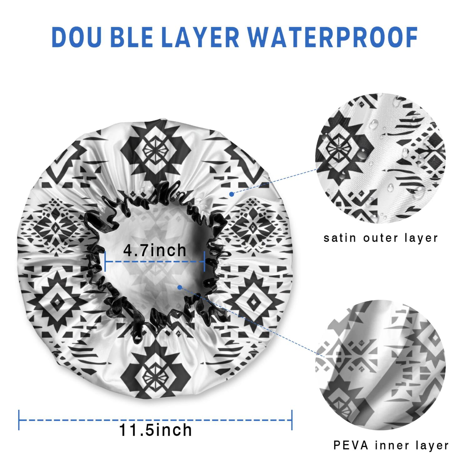 Shower Caps,Black Geometric Triangle Diamond Pattern Waterproof Shower Cap for Women 4 Pieces,Double Reusable Hair Cover for Shower PEVA Elastic Stretch Hem
