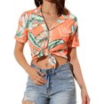 thumbnail image 1 of Camisa de manga corta con cuello vuelto para mujer, blusa informal elegante con botones y estampado floral para fiesta en la playa, naranja M, 1 of 5