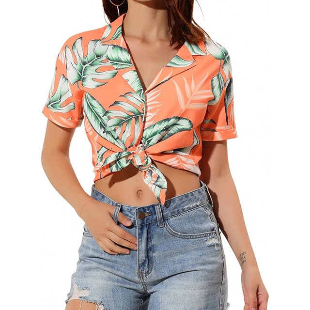 Camisa de manga corta con cuello vuelto para mujer, blusa informal elegante con botones y estampado floral para fiesta en la playa, naranja M