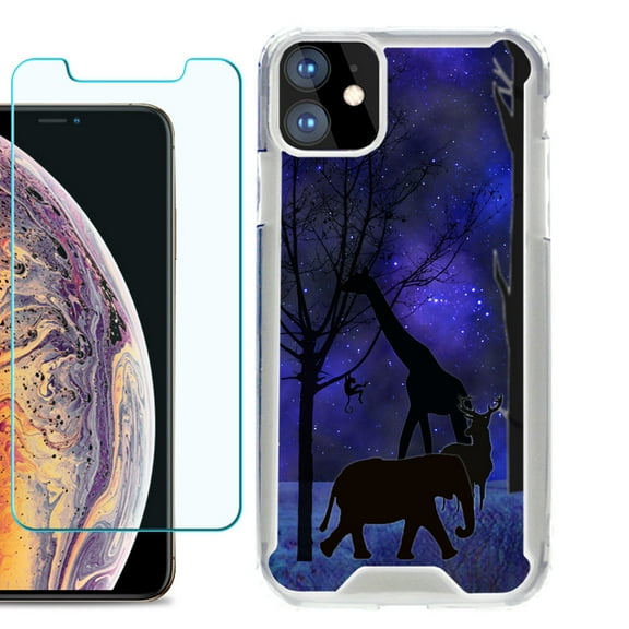 For Apple iPhone 11 Case, Hybrid Bumper Phone Case, with Tempered Glass Screen Protector, by OneToughShield ® - Midnight Safari