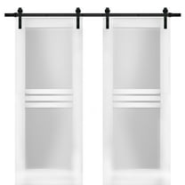 Modern Double Barn Door 64 x 84 inches with Opaque Glass 4 Lites / Mela 7222 White Silk / 13FT Rail Track Set / Solid Panel Interior Doors