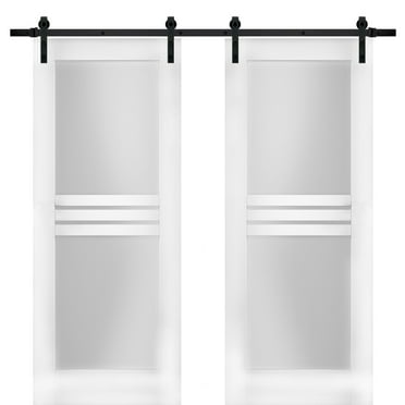 Modern Double Barn Door 60 x 96 inches with Opaque Glass 4 Lites / Mela 7222 White Silk / 13FT Rail Track Set / Solid Panel Interior Doors