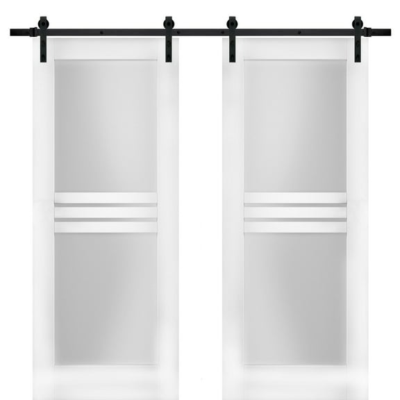 Modern Double Barn Door 64 x 84 inches with Opaque Glass 4 Lites / Mela 7222 White Silk / 13FT Rail Track Set / Solid Panel Interior Doors