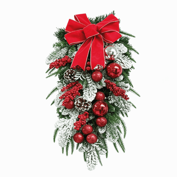 TureHom 18" Black Gold Silver Teardrop Swag Wreath, Pre-Decorated with Bow Pinecones, Year-Round Decor for Door Fireplace,Red