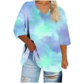 thumbnail image 2 of Tops for Women 3/4 Sleeve Tie-dye Printed V-neck T-shirt Large Size Loose Blouse White XXXXXL, 2 of 5