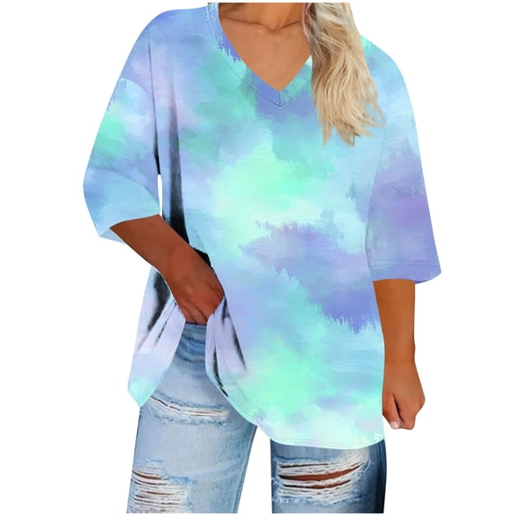 Kukoosong Women's Casual V-Neck 3/4 Sleeve Tie-Dye Crop Top Loose Fit T-Shirt Women's Plus Size Tops