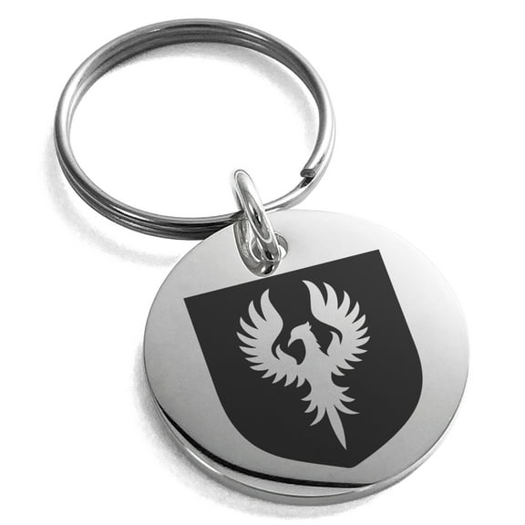 Stainless Steel Phoenix Resurrection Coat of Arms Shield Engraved Small Medallion Circle Charm Keychain Keyring