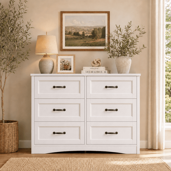White 6 Drawer Dresser, Wooden Storage Chest with Metal Handles & Anti-Tipping Device, 16"D×47"W×30"H