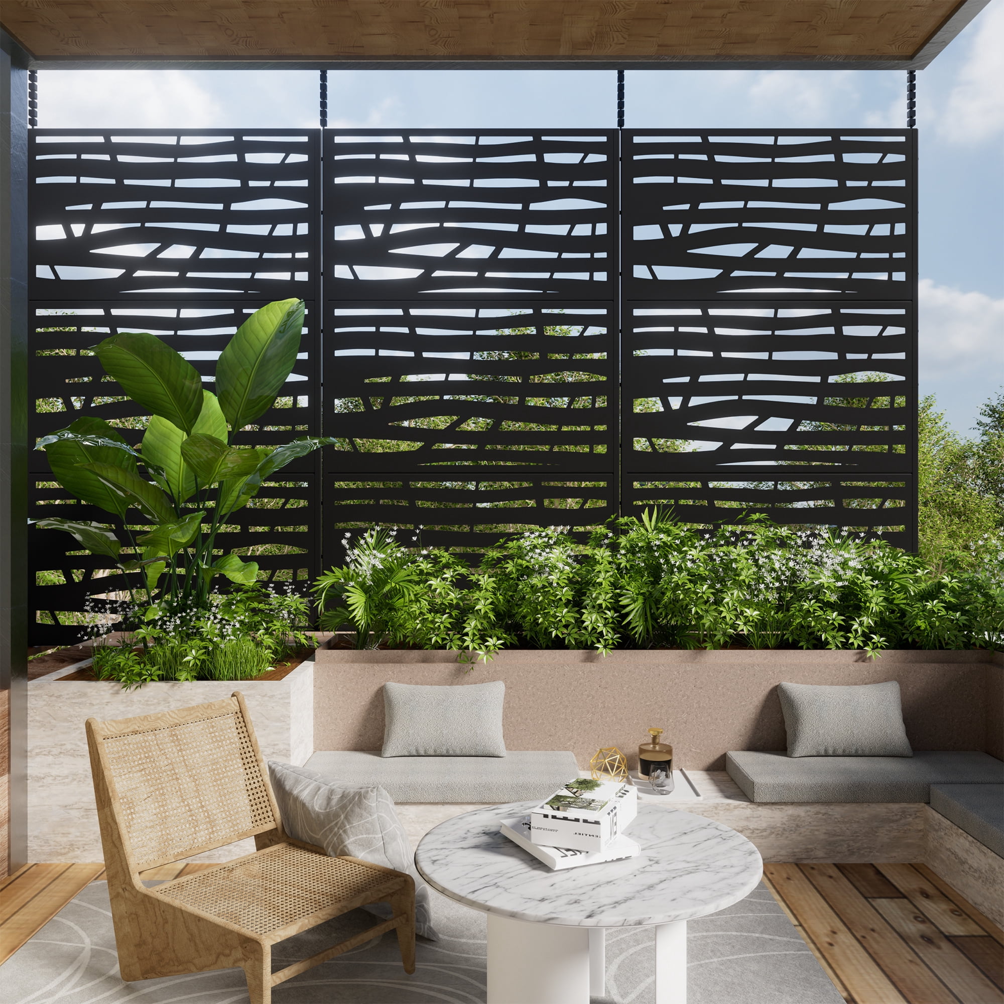 72"x47" Outdoor Privacy Screen with Stand Metal Balcony Decorative Screen,Black