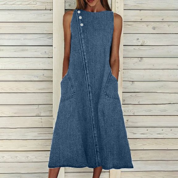 Women's Dress Sleeveless Casual Denim Dress Round Neck Vintage Overall Buttons Solid Color Dress