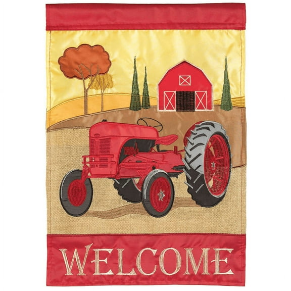 Magnolia Gardens M011636 13 x 18 in. Welcome Red Fall Tractor Burlap Garden Flag