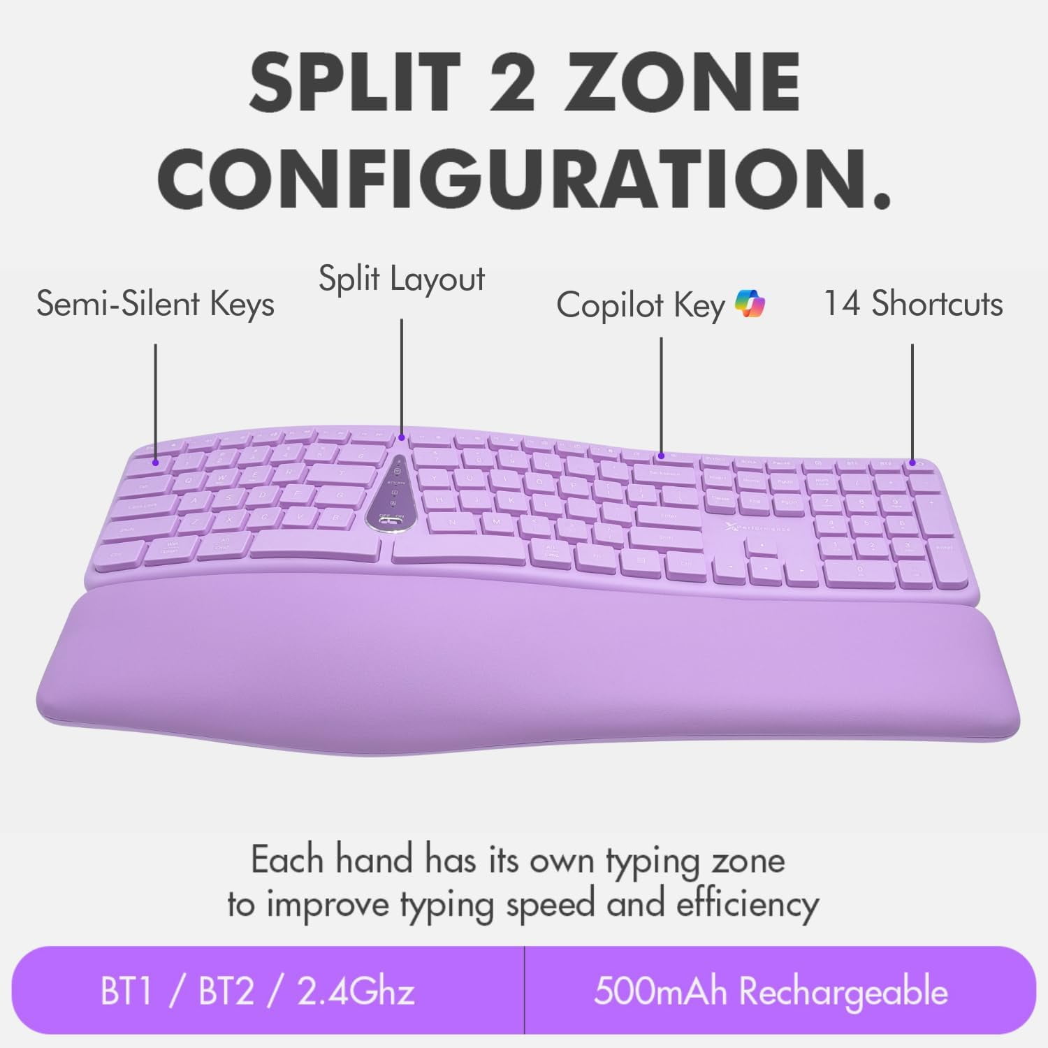 X9 Purple Ergonomic Keyboard Mouse Wireless Combo - Type Comfortably - 2.4G/Bluetooth Split Keyboard, Multi-Device, Soft Wrist Rest, Rechargeable, Silent Ergo Keys - Laptop, PC, Mac,iOS,Android