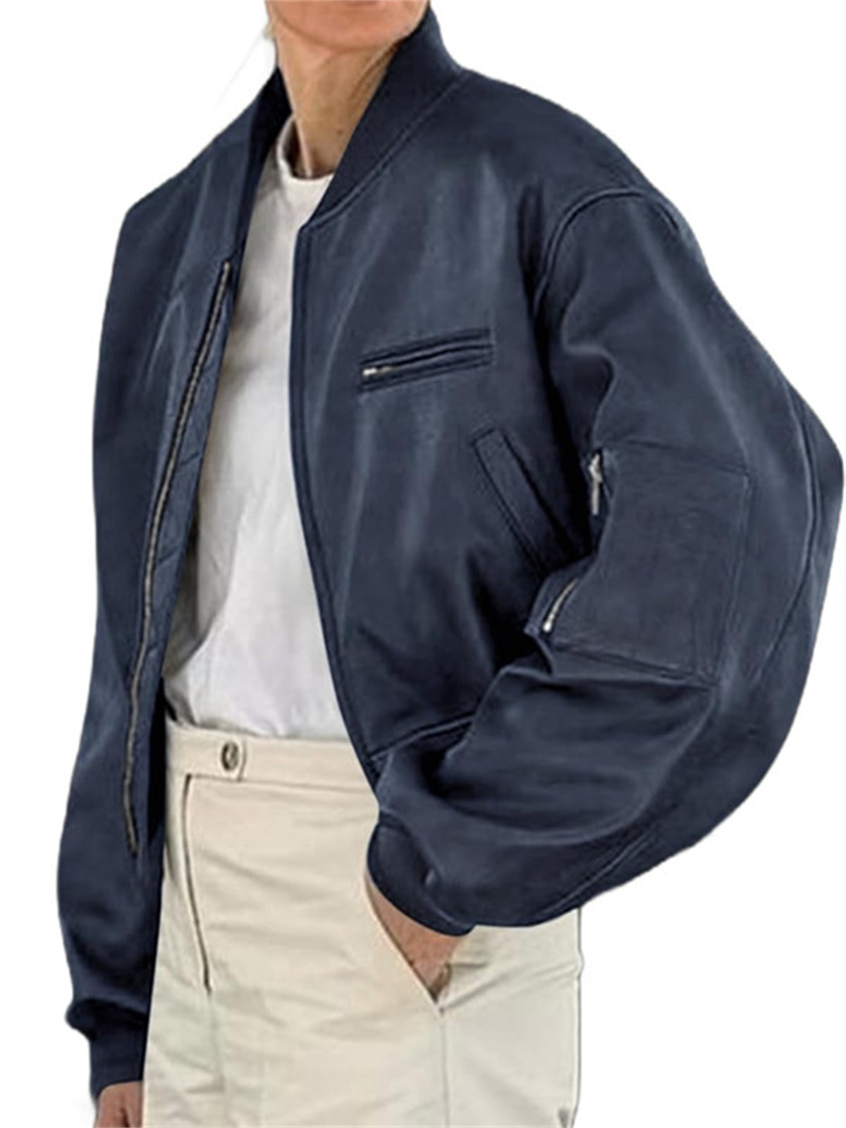 Womens Faux Leather Bomber Jackets Baseball Collar Zip Up Cropped Biker Coat with Pockets
