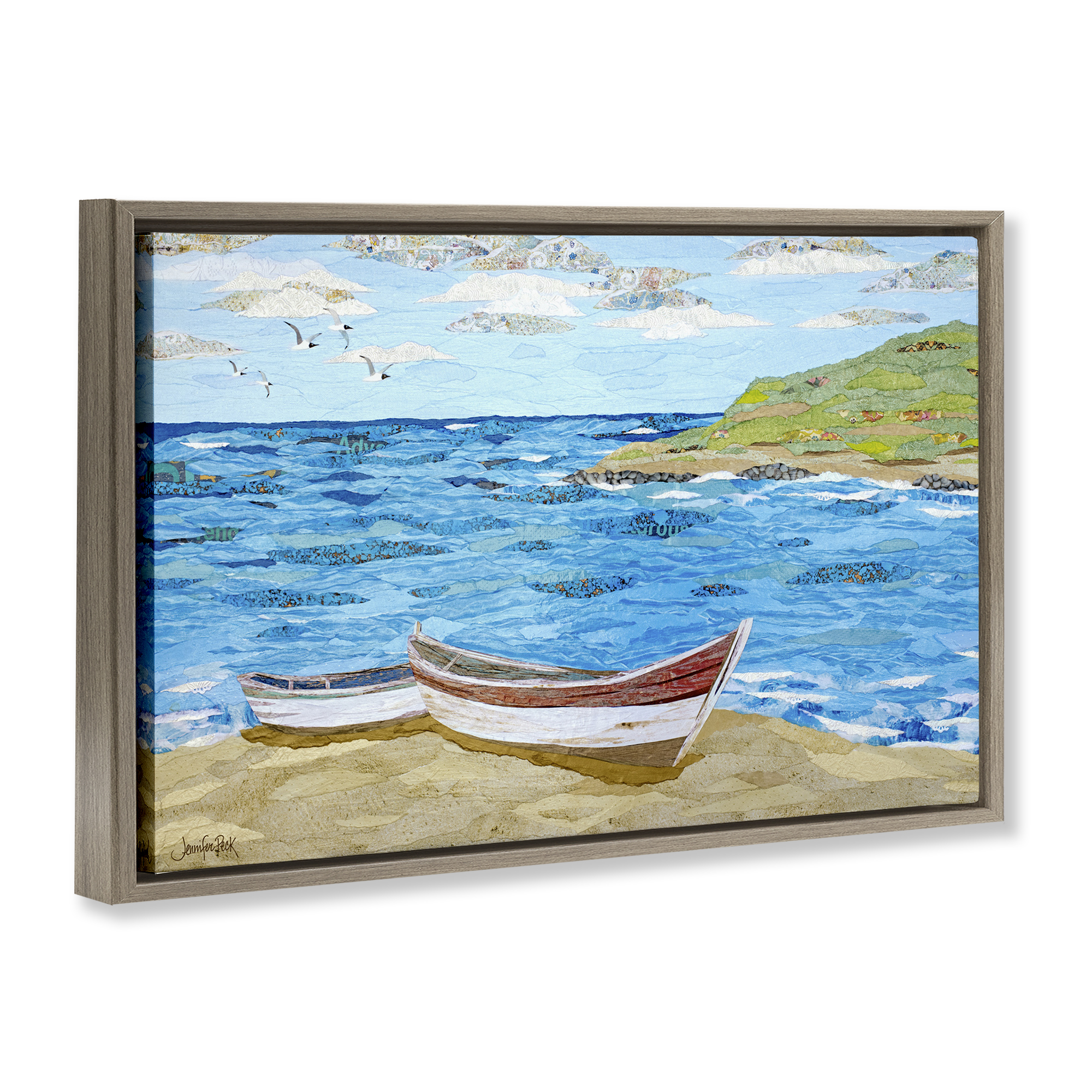 Stupell Industries Mykonos Docked Boat Landscape Painting Brown Floater Framed Canvas Art Print Wall Art, 25 x 17
