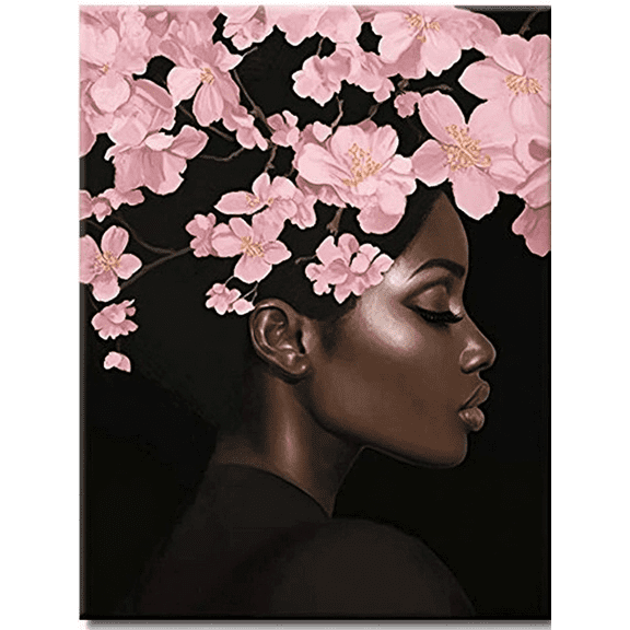 Black Woman Pink Flowers Canvas Wall Art，Perfect for Bedroom，Living Room，Bathroom，Office，and Dinning Room Decoration.