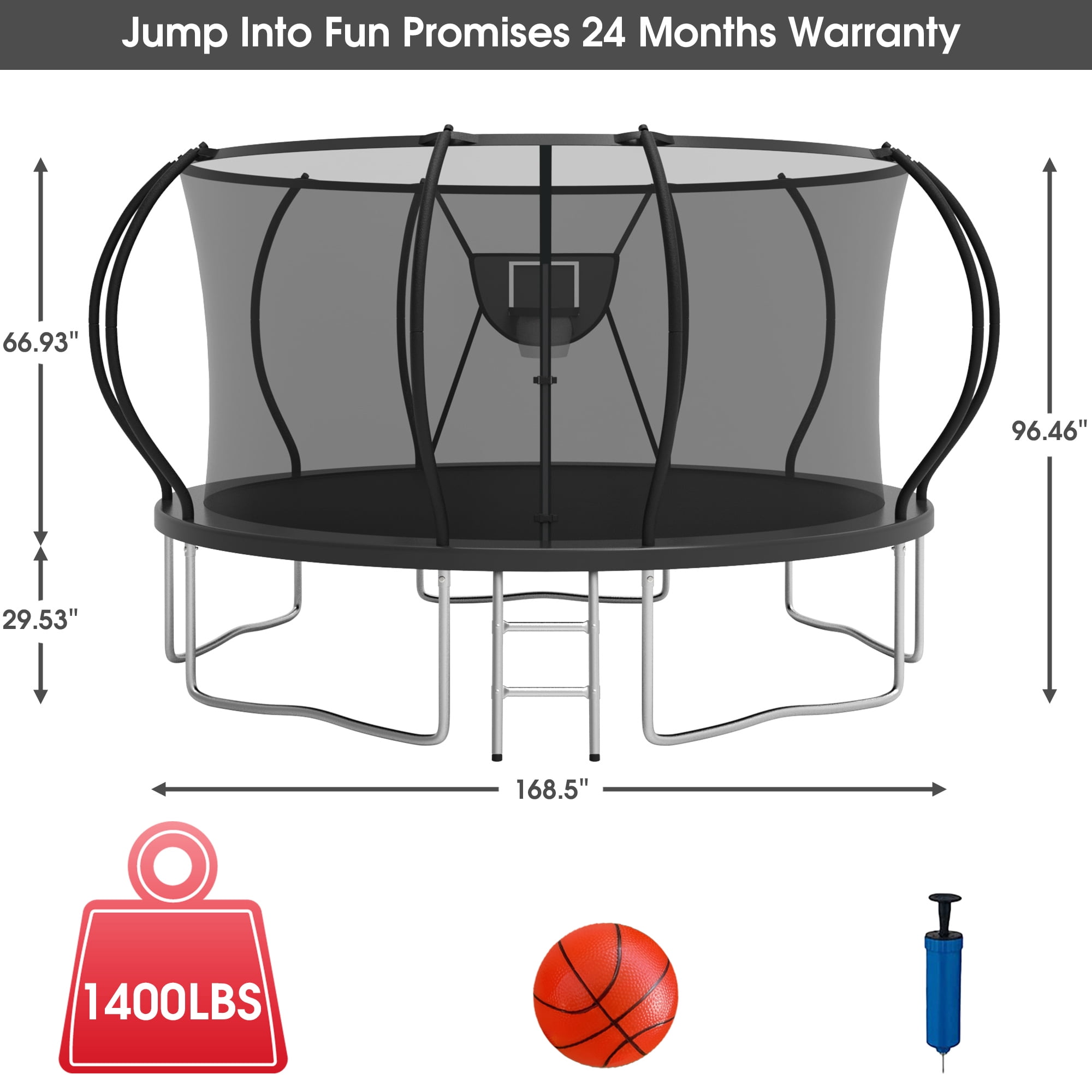 Jump Into Fun Trampoline, 12FT 10FT 14FT 16FT 1200LBS Trampoline for Adults and Kids, Trampoline with Enclosure, Basketball Hoop and Basketball, Outdoor Heavy Duty Pumpkin Trampoline