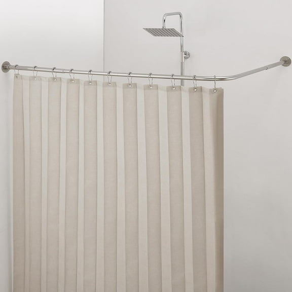 Corner Shower Curtain Rod, [24"-53"] x [24"-53"] Adjustable L Shaped No-Sagging 90 Degree Curved Curtain Rod for Bathroom with 12 Ring Hooks & Ceiling Support - Brushed Nickel