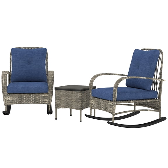 Homiyad 3 Pieces Wicker Patio Furniture Set, Outdoor PE Rattan Rocking Chairs with Coffee Table, Cushions for Porch, Garden Gray