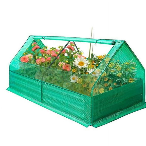 6x3x1ft Garden Bed with Greenhouse,  Outdoor Metal Planter Box 2 Roll-up Windows Mini Greenhouse for Vegetable Flower Fruit