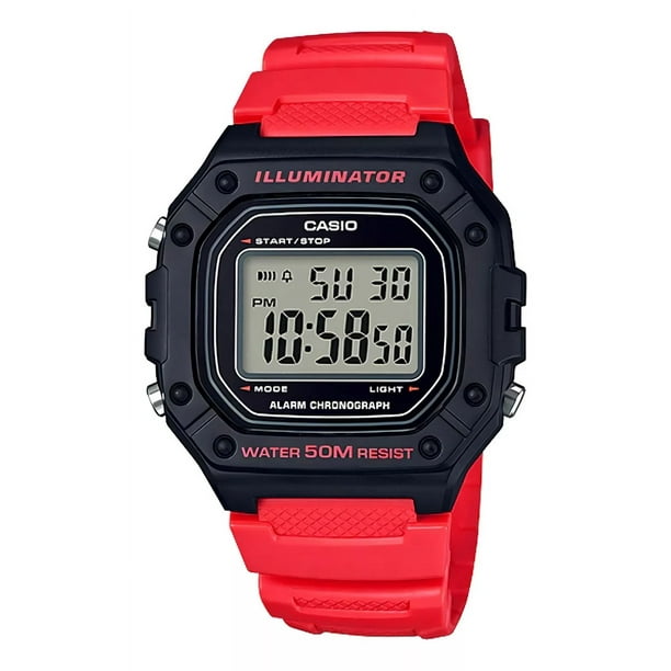 Reloj de pulsera Casio Youth W-218H de cuerpo color negro, digital, para hombre, fondo gris, con correa de resina color rojo, dial negro, minutero/segundero negro, bisel color negro, luz ámbar y