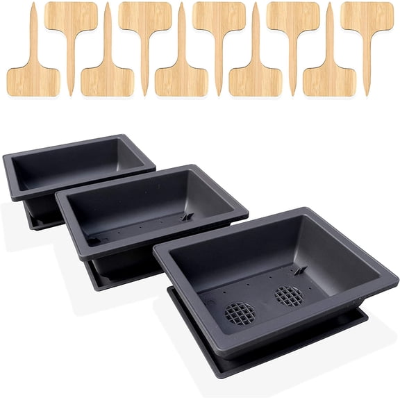 GENIELY 3 Pack of 8-Inch Bonsai Training Pots with 3 Humidity Trays and Built-in Drainage Mesh - Heavy Duty Shatterproof Poly-Resin Plastic - Complete with 10 Bamboo Plant Labels