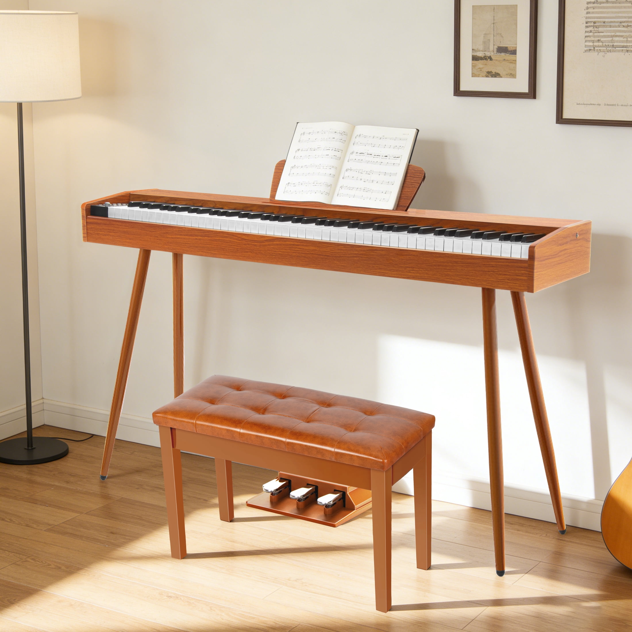 AODSK Duet Piano Bench with Storage, Padded Cushion, Soild Wood Leg Bench Stool Chair for Piano Keyboard Seater -Brown