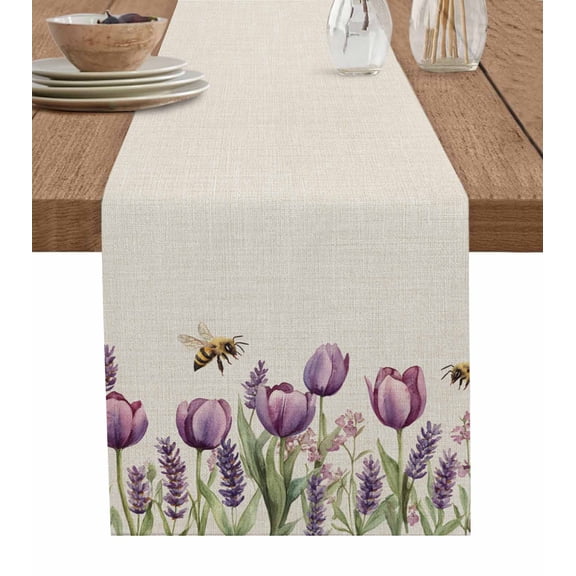 Ldtrchee Purple Tulip Table Runner 60 Inches, Spring Pastoral Flowers Bee Watercolor Bed Runner Dresser Scarves Tabletop for Indoor Outdoor Parties/Ceremony/Banquet, 13" x 60"