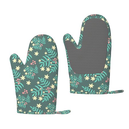ZNDUO Kitchen Oven Gloves, Durable Heat Resistant Oven Gloves with Quilted Liner Non-Slip Textured Grip Perfect for BBQ, Baking, Cooking and Grilling, Green Plant Texture