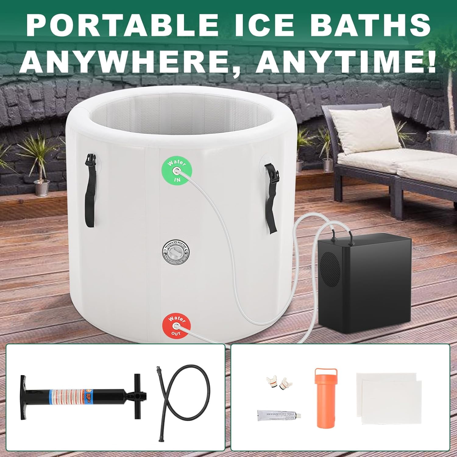 Lilypelle 39"(D) x 35.5"(H) Inflatable Oval Ice Bath Cold Plunge Tub, Durable Freestanding Soaking Tub, PVC Insulated Lid, Hand Pump and Repair Kit Included, Anti-Slid Bottom