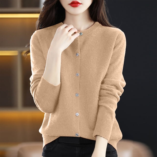 Cardigan Tricoté à Manches Longues et Col Rond pour Femmes - Chandail Léger en Polyester Doux pour Tenue Décontractée