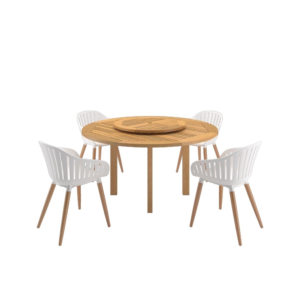 Amazonia Lila 5-Piece Patio Round Lazy Susan Dining Table Set | Teak Finish | Ideal for Outdoors and Indoors
