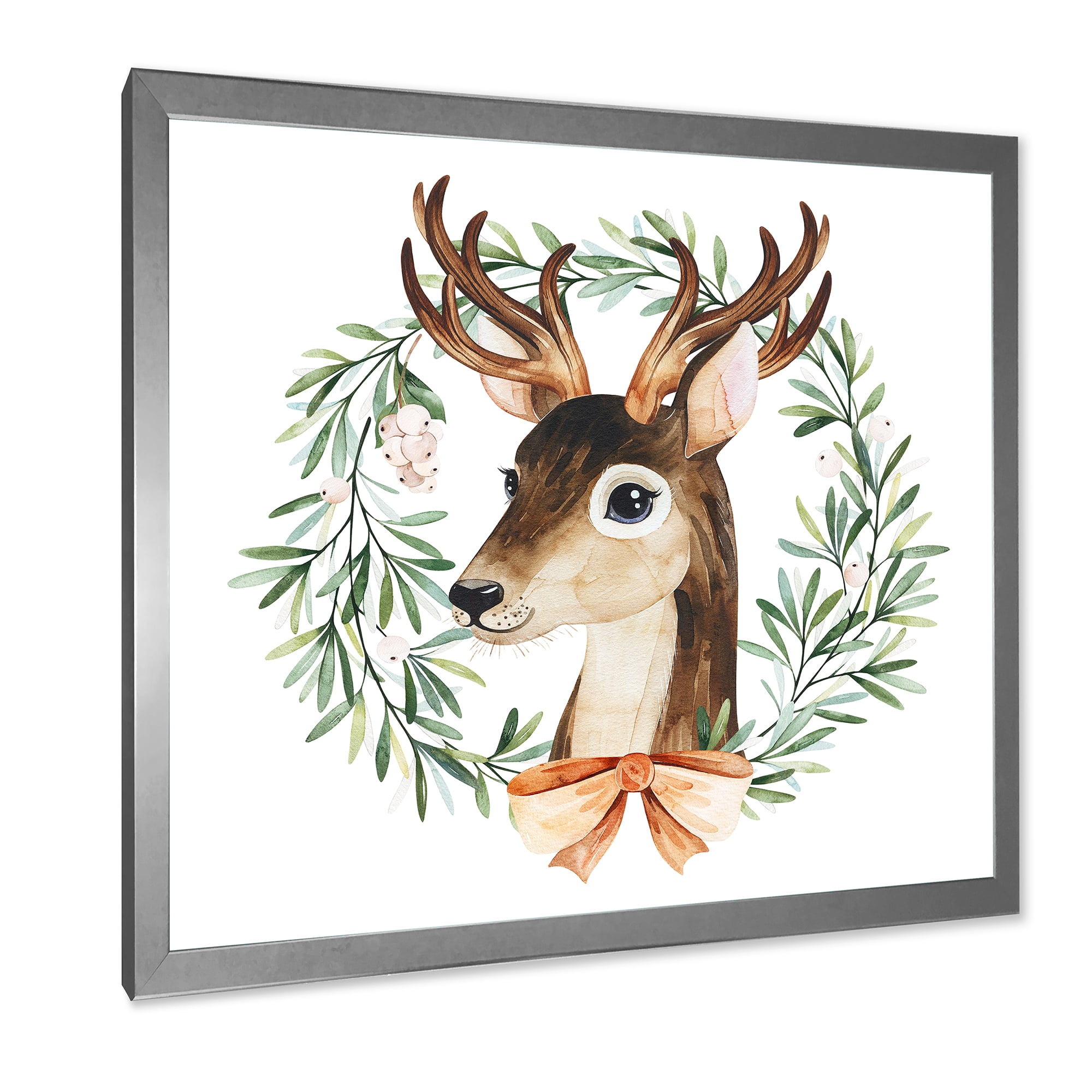 Designart 'Floral Wreath Isolated On White Over Deer' Farmhouse Framed Art Print