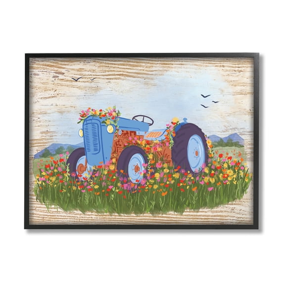 Farmhouse Tractor Floral Blooms Transportation Graphic Art Black Framed Art Print Wall Art