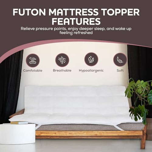 CirclesHome White Futon Mattress Toppers with Anti-Slip Anchors - Futon Cover Filled with Plush Down Alternative Fill - Full Size Futon Cover is Soft, Comfortable and Allergy Free (Size: 54 x 75 x 3)