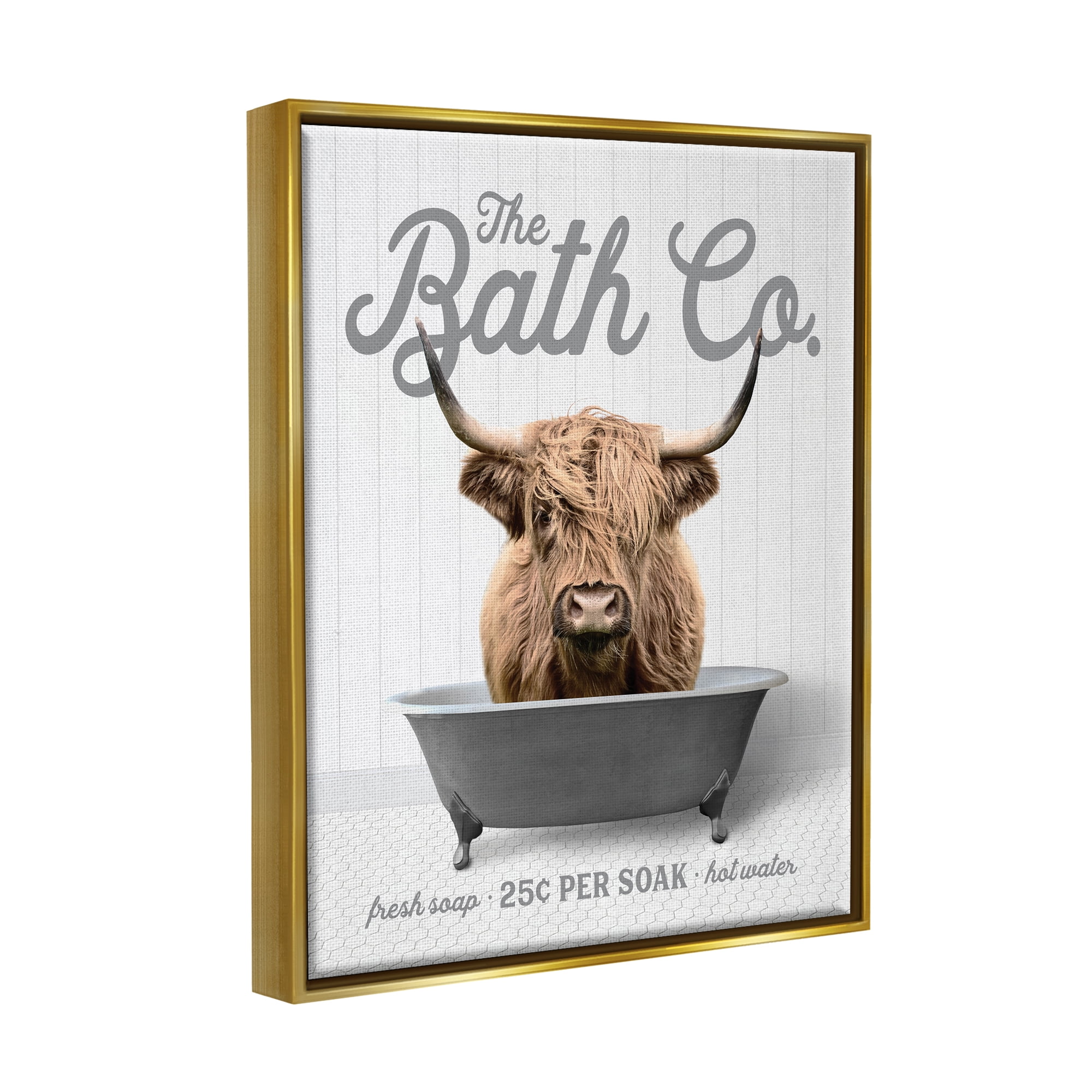 Stupell Industries Bathtub Highland Cow Animals & Insects Painting Gold Floater Framed Art Print Wall Art, 25 x 31