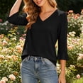 thumbnail image 5 of Bosfbaoi 3/4 Bell Sleeve Tops for Women Solid V Neck Hollow Trim Casual Blouses, 5 of 7