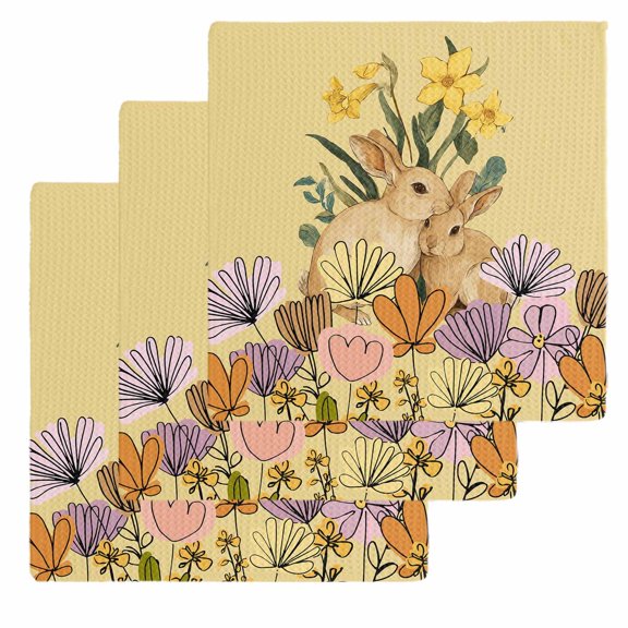 Easter Bunny Kitchen Dish Towels for Drying Dishes Set of 3, Spring Floral Vintage Botanical Rabbits Yellow Waffle Weave Microfiber Hand Tea Bathroom Towels Quick Dry & Absorbent Towel 12x12