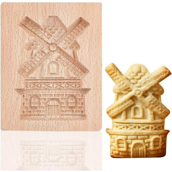 GOMAKRER 1 Pcs Carved Wooden Windmills Cookie Mold Kitchen Wooden Cookie Cutter 3D Biscuit Press Stamp Molds Gingerbread Cookie Stamp for Christmas Kitchen DIY Baking Tools Beige
