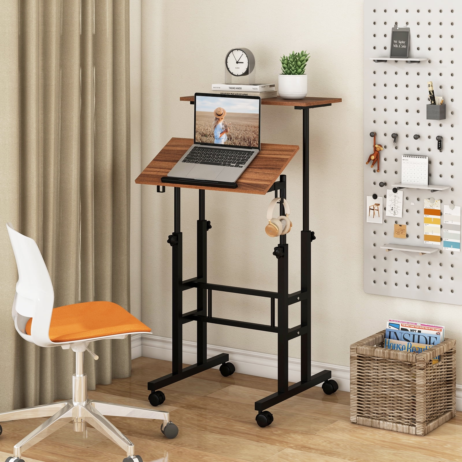 Giantex Mobile Standing Desk, Height Adjustable Sit to Stand Desk, Portable Laptop Desk, 2-Tier Computer Workstation for Home Office, Brown