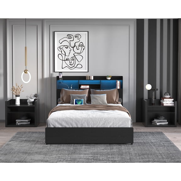 Full Size Adjustable Bed Base, Full Bed Frame with 4 Storage Drawers Full Bed Frame with Headboard and Storage Shelf, Storage Bed with Led and Charging Station, No Noise,No Box Springs Needed,Black