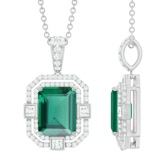 Rosec Jewels Vintage Inspired Lab Grown Emerald Pendant with Moissanite for Women - AAAA Grade, 925 Sterling Silver