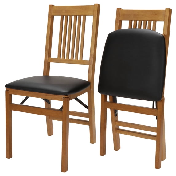 Open Box Stakmore True Mission Adult Folding Chair, Set of 2, Oak Frame with Black Vinyl Seat