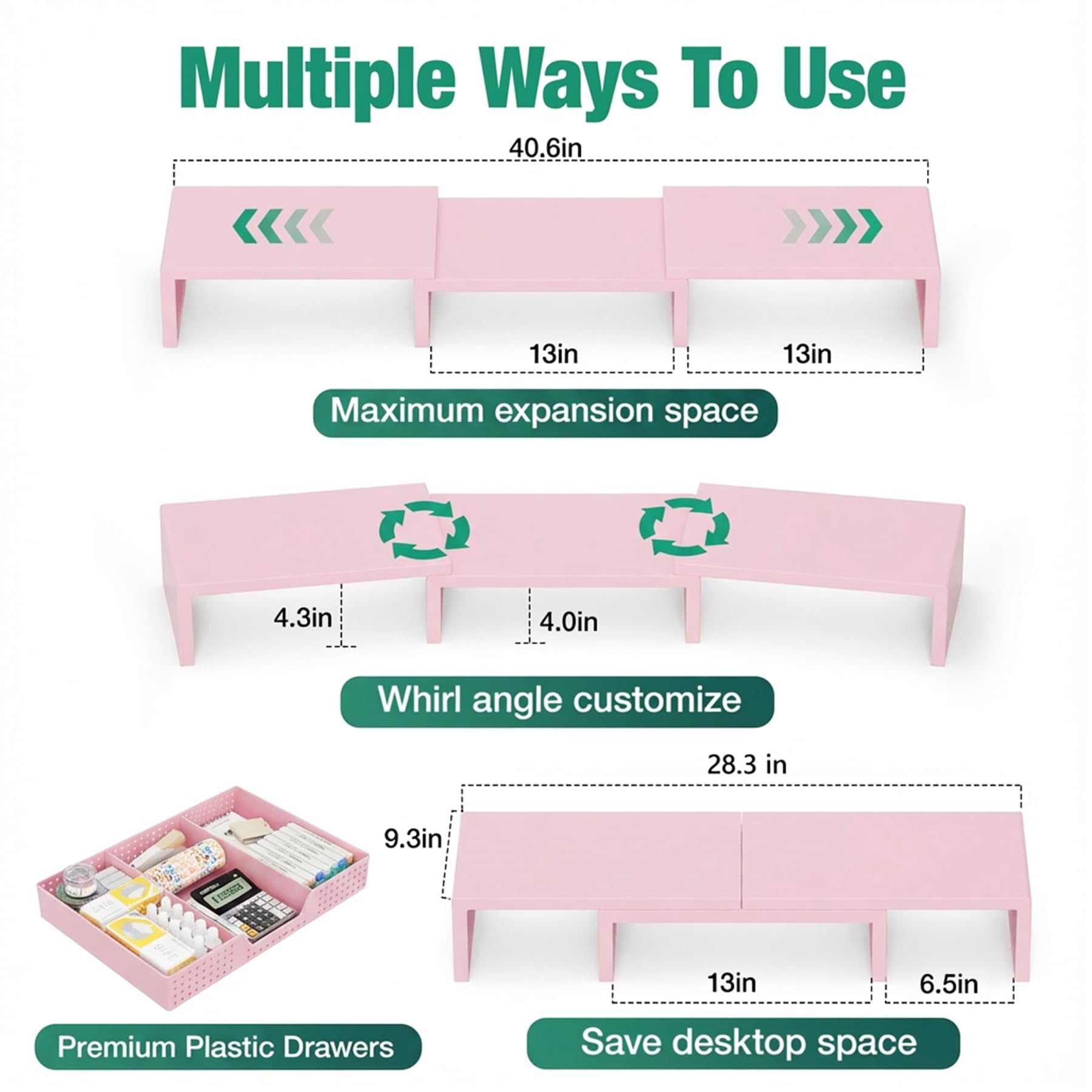Desk Organizers And Accessories  Dual Computer Monitor Stand Riser With Drawer Office Decor For Women & Workspace Pink