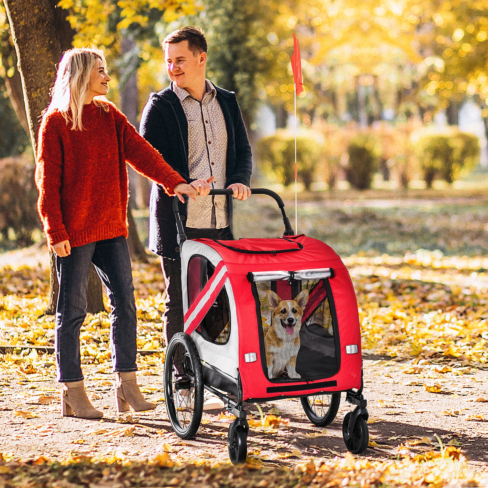 2-in-1 Pet Bike Trailer for Small Dogs, Road-Visibility Bicycle Stroller, Weather-Strong Bike Wagon Trailer Sidecar Attachment, Red