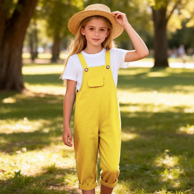 monos de moda para niños y niñas, bonitos, de color liso, holgados, con bolsillos y botones y tirantes. Overol amarillo liso, vista frontal, corte holgado con tirantes ajustables y botones frontales, bolsillo en el pecho con solapa y dobladillo enrollado en los tobillos; tejido suave algodón‑poliéster, modelo con camiseta blanca y sombrero de paja en un parque soleado, ideal para uso diario, fiestas o sesiones de fotos.