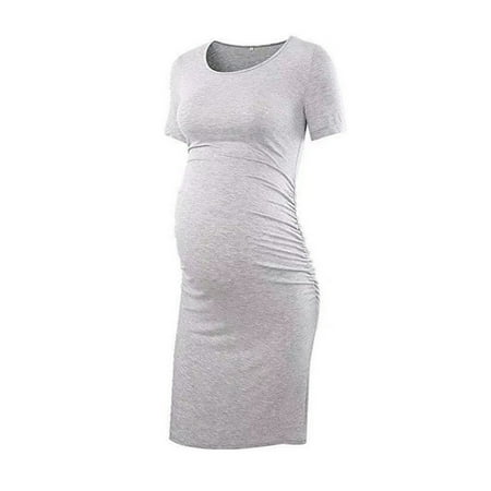 

asdoklhq Maternity Dresses for Women Clearance Women O-Neck Solid Short Sleeve Breast-Feeding Pregnant Maternity Nursing Dress