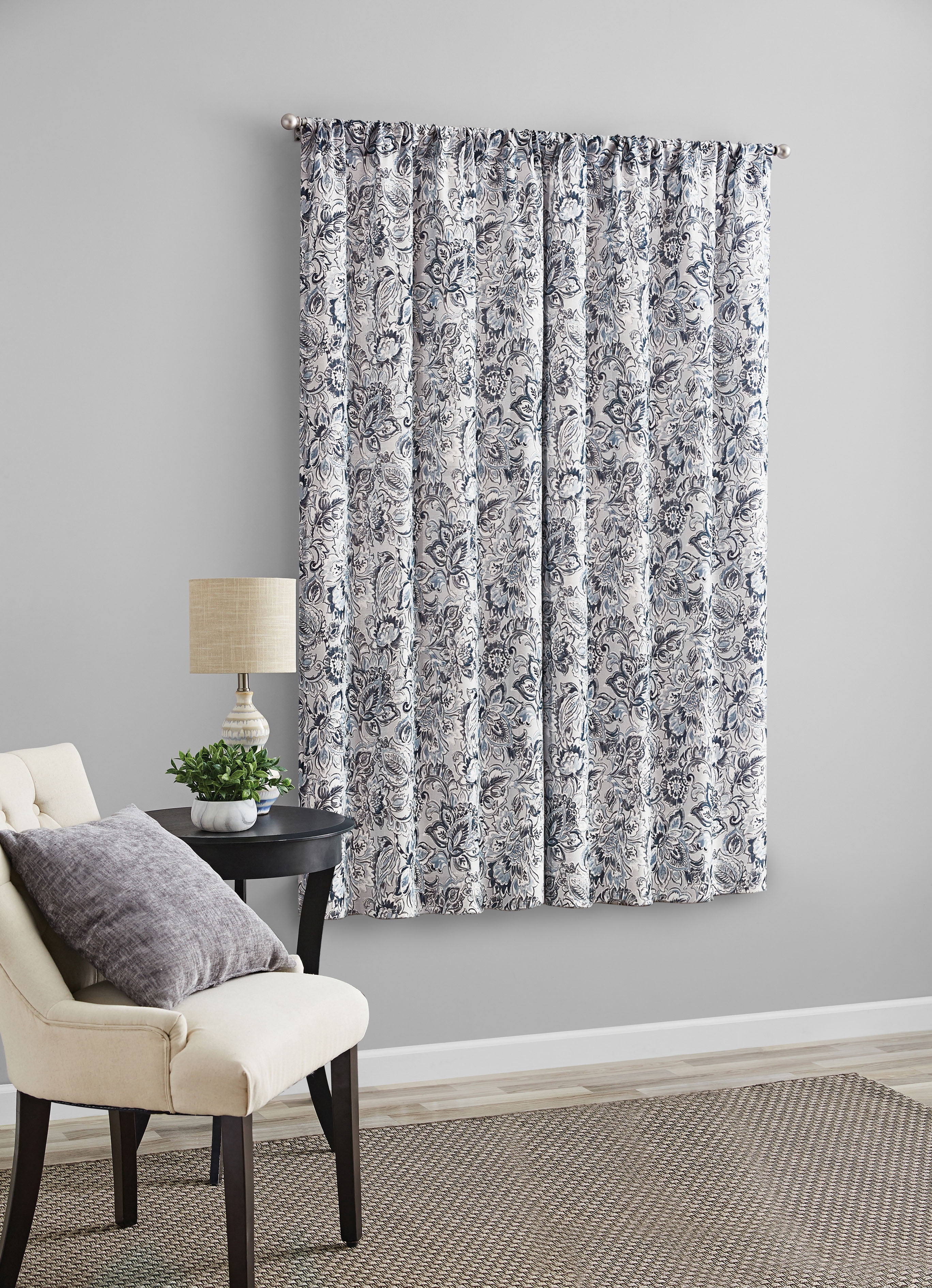 Mainstays Blue Tille Jacobean Light Filtering Rod Pocket Panel Curtains, 37 in x 63 in (2 Panels)
