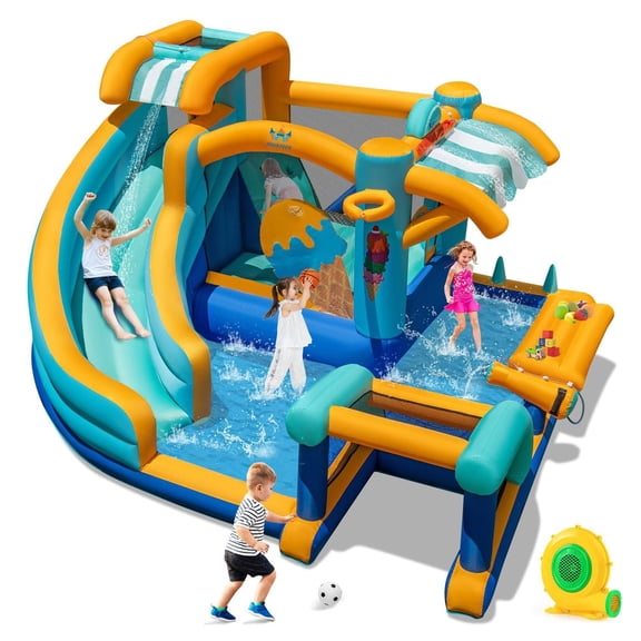 Demifill Inflatable Water Slide, Tear-Resistant, Snack Counter, 680W Blower, Pretend Play Area, Multicolor