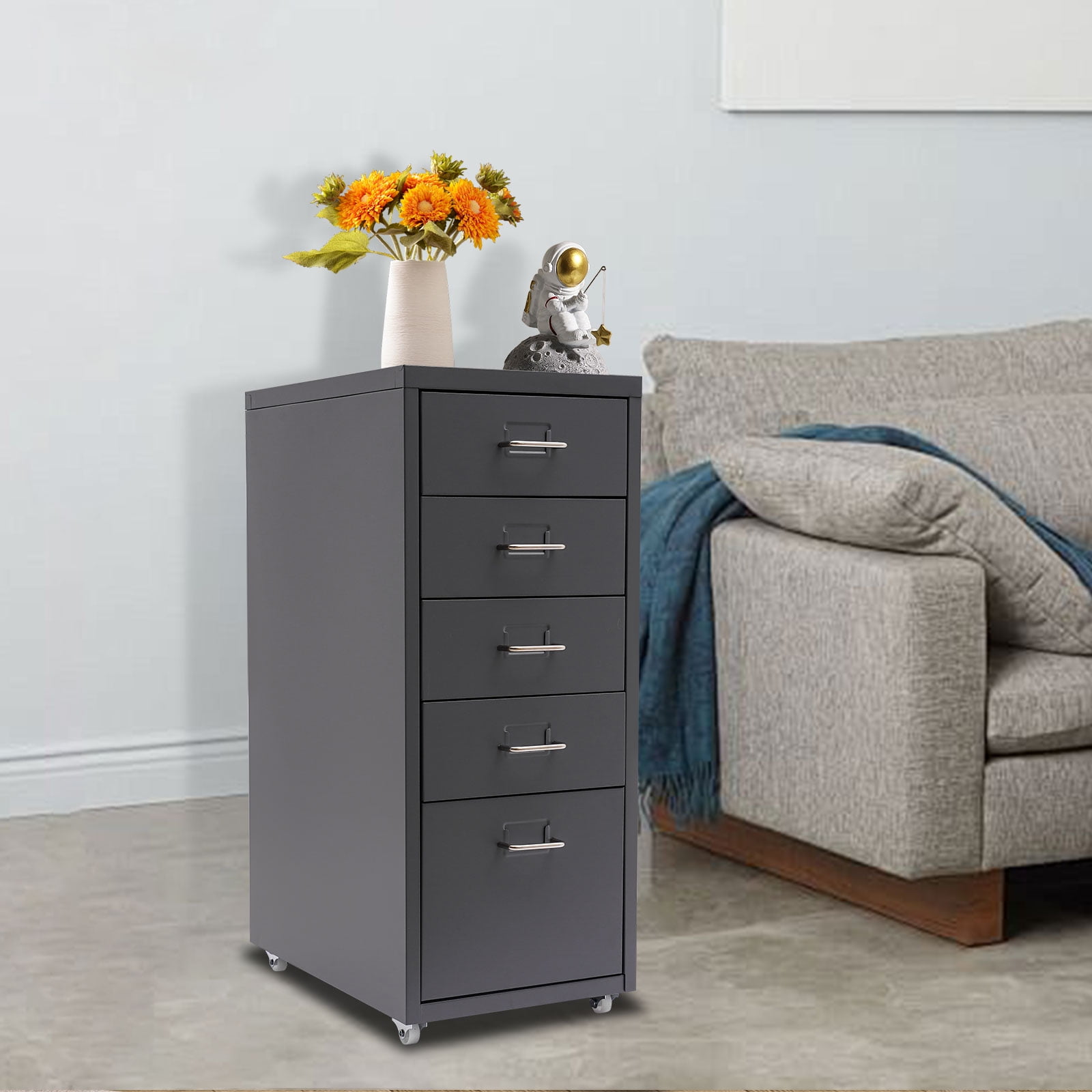 Fichiouy Metal File Storage Cabinet with Rubber Wheels 5-Drawer Storage Cabinet for Home Office 16" D x 11" W x 27" H