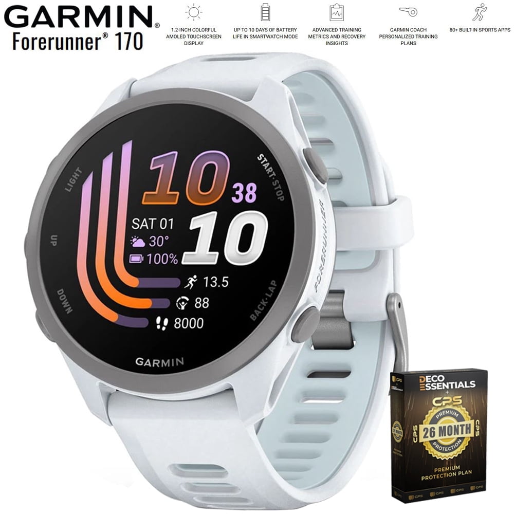 Garmin Forerunner 170 Whitestone/Cloud Blue 010-03920-01 Bundle with Deco Essentials Exclusive 26 Month CPS Enhanced Protection Pack
